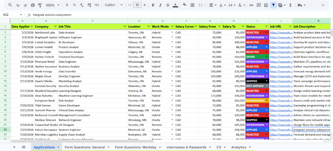 Job application tracker Google Sheet: the Applications tab with status colours